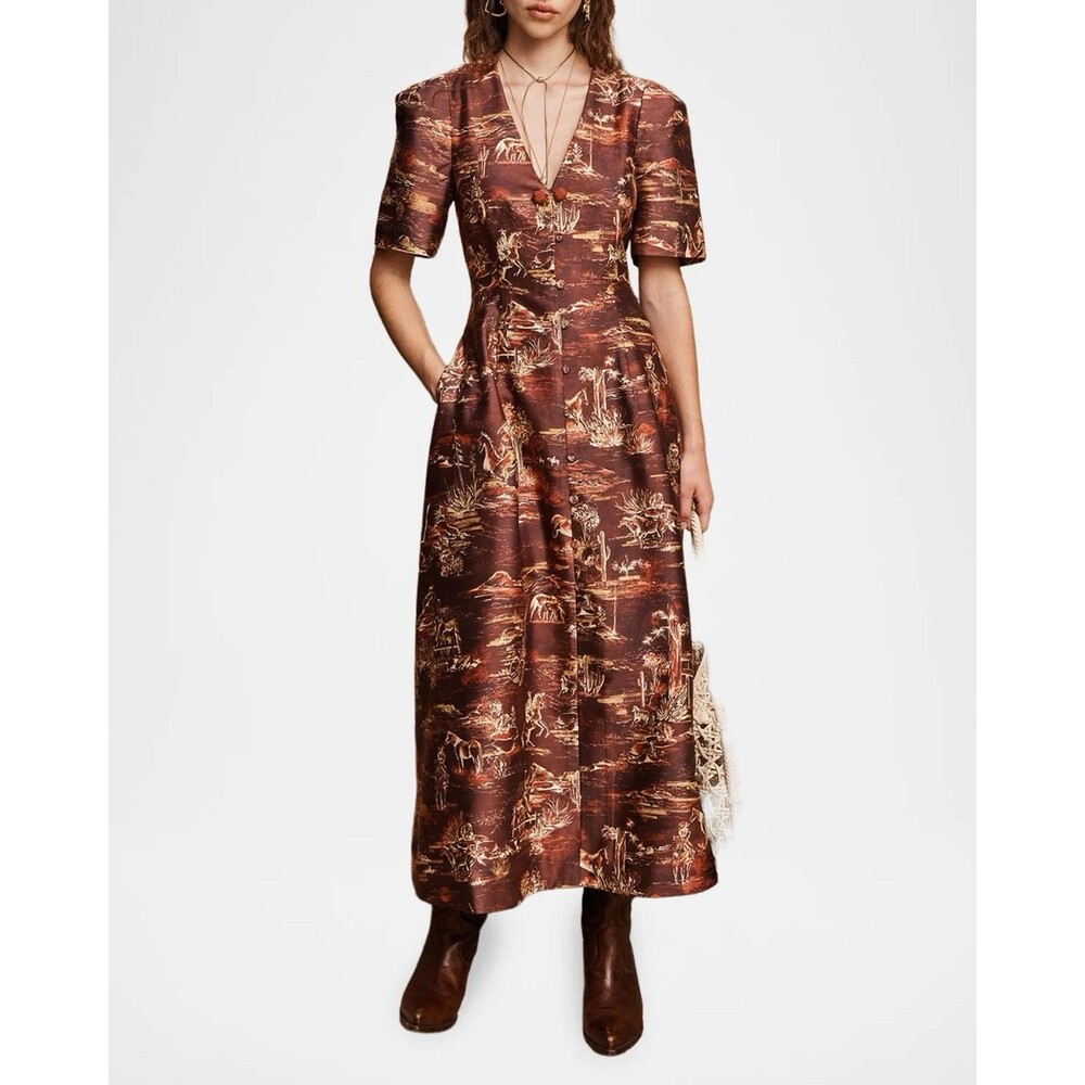 ALÉMAIS Seraphina Floral Medallion Midi Dress Burgundy Rust Size 6
